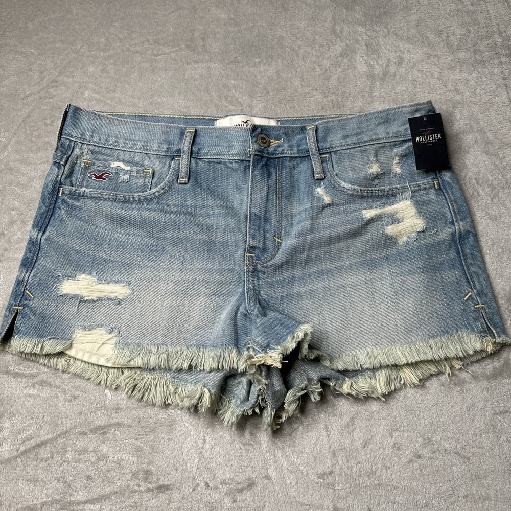 Hollister‎ High Rise Distressed Denim Shorts Light Wash Frayed Hem Size 9 W29